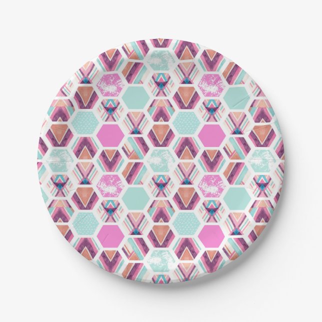Watercolor Hexagon Pattern Paper Plate (Front)