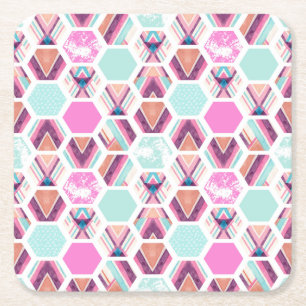 Watercolor Hexagon Pattern Square Paper Coaster