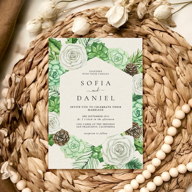 Watercolor Hexagonal Frame Greenery Wedding Invitation (Creator Uploaded)