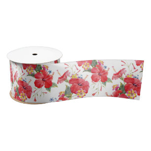 Watercolor Hibiscus and Lantana Tropical Pattern Satin Ribbon