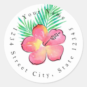 Watercolor Hibiscus and Palm Fronds Labels