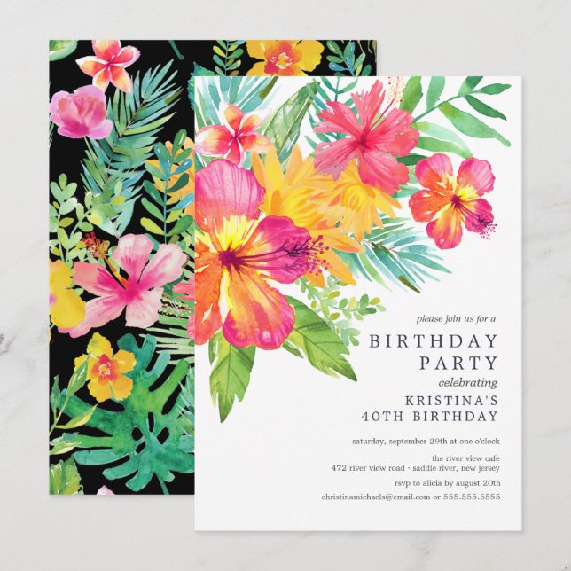 Watercolor Hibiscus Floral Tropical Birthday Party Invitation (Front/Back)
