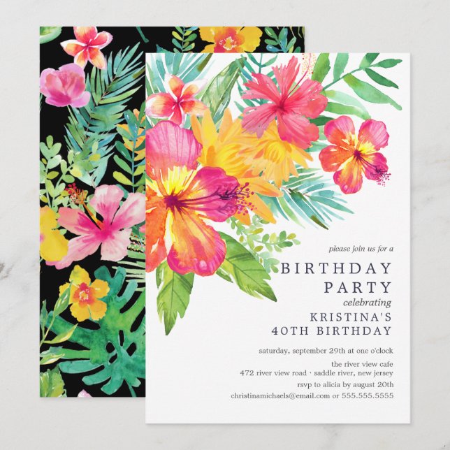 Watercolor Hibiscus Floral Tropical Birthday Party Invitation (Front/Back)