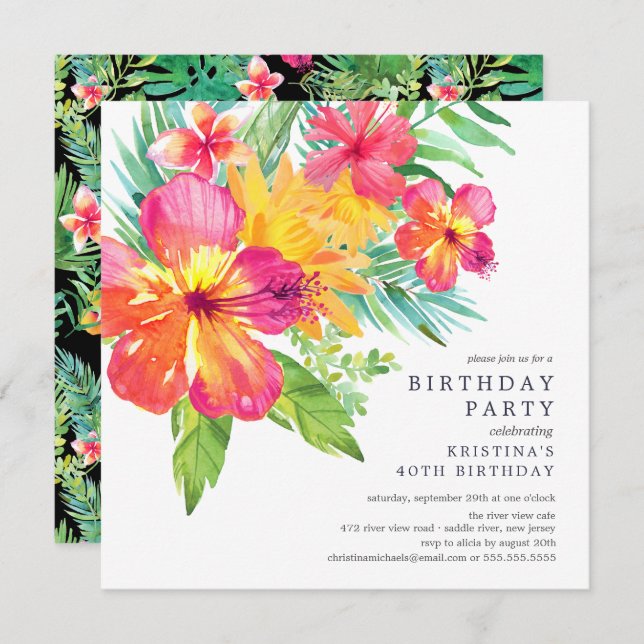 Watercolor Hibiscus Floral Tropical Birthday Party Invitation (Front/Back)