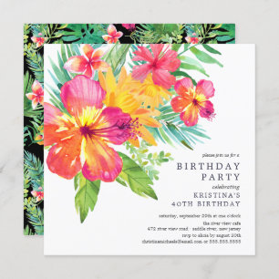 Watercolor Hibiscus Floral Tropical Birthday Party Invitation