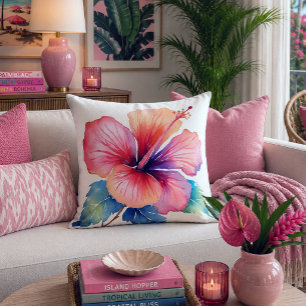 Watercolor Hibiscus Flower Painting Pink Cushion