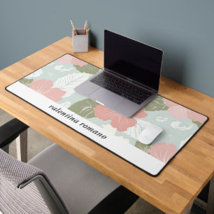 Watercolor Hibiscus Flower Pink Blue sage white  Desk Mat