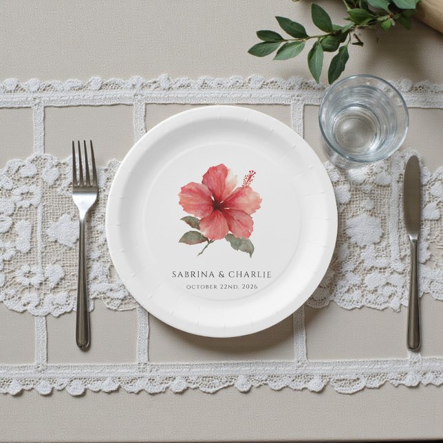 Watercolor Hibiscus Flower Tropical Aloha Wedding  Paper Plate (Watercolor Hibiscus Flower Tropical Aloha Wedding Paper Plates)