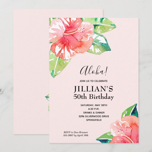 Watercolor Hibiscus Flowers Birthday Invitation (Front/Back)
