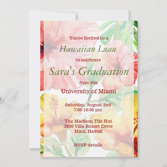 Watercolor Hibiscus Flowers Hawaiian Luau Sweet 16 Invitation (Front)