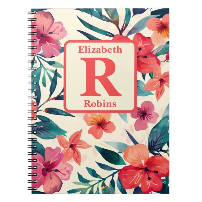 Watercolor hibiscus flowers personalised custom notebook (Front)