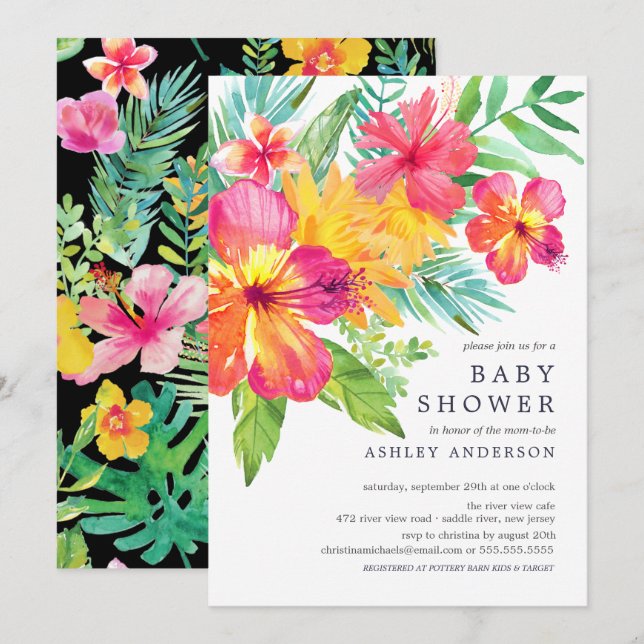 Watercolor Hibiscus Flowers Tropical Baby Shower Invitation (Front/Back)