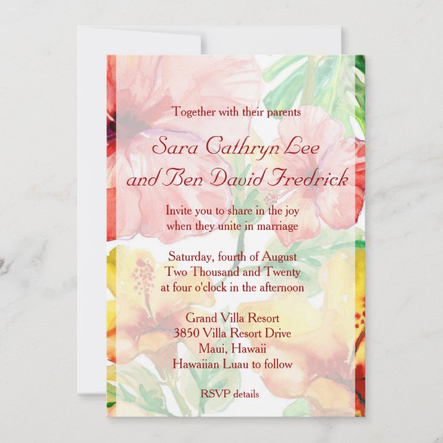 Watercolor Hibiscus Flowers Wedding Invitation (Front)