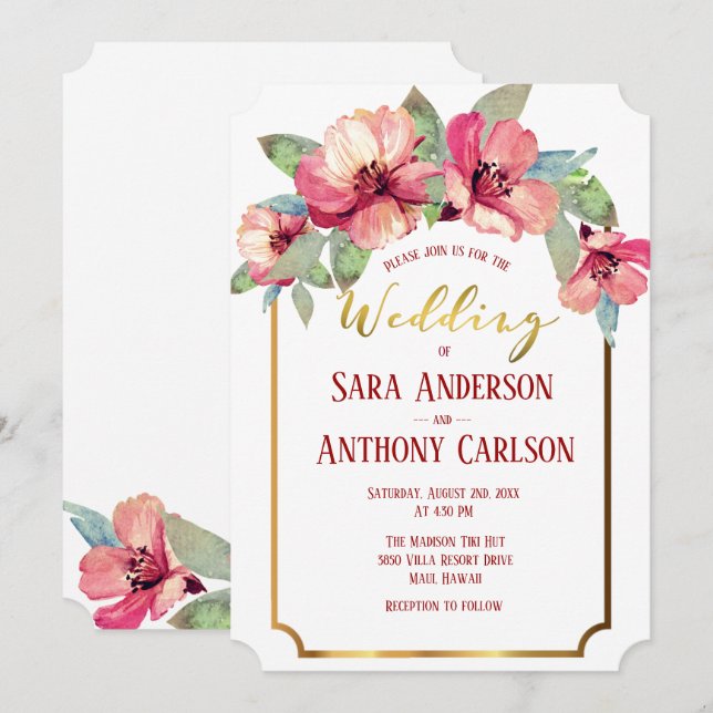 Watercolor Hibiscus Gold Foil Tropical Wedding Invitation (Front/Back)