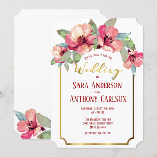 Watercolor Hibiscus Gold Foil Tropical Wedding Invitation