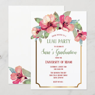 Watercolor Hibiscus Gold Luau Party Graduation Invitation