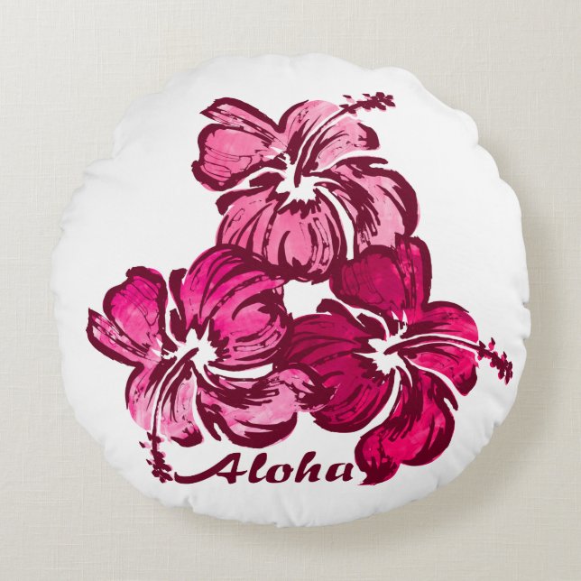 Watercolor Hibiscus Hawaiian Floral Reversible Round Cushion (Front)
