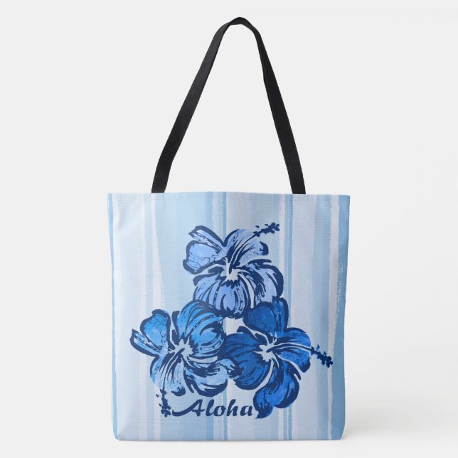 Watercolor Hibiscus Hawaiian Reversible Beach Bag (Front)