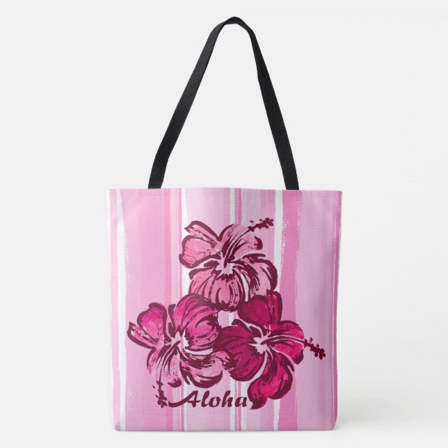 Watercolor Hibiscus Hawaiian Reversible Beach Bag (Front)
