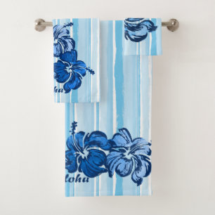 Watercolor Hibiscus Hawaiian Stripe - Blue Bath Towel Set