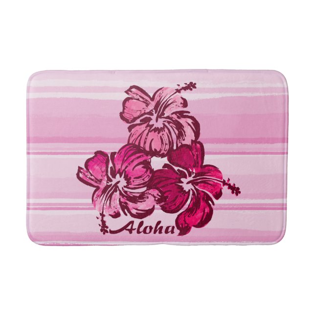 Watercolor Hibiscus Hawaiian Tropical Bath Mat (Front)