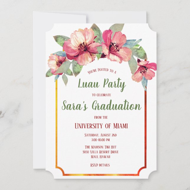 Watercolor Hibiscus Luau Graduation Party Invites (Front)