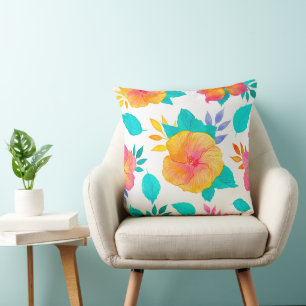Watercolor Hibiscus Pattern - Tropical Floral Cushion