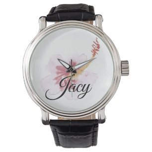 Watercolor Hibiscus Pink Script Name Mothers Day Watch