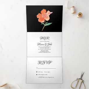 Watercolor Hibiscus Summer Tropical Orange Tri-Fold Invitation
