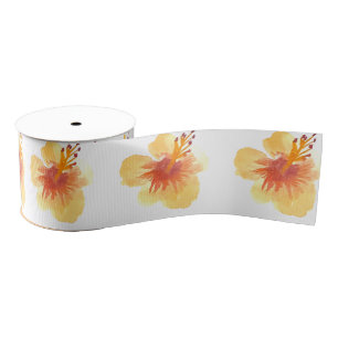 Watercolor Hibiscus Yellow Orange Tropical Floral Grosgrain Ribbon