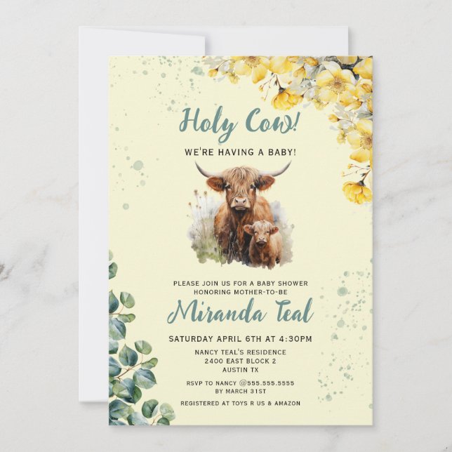 Watercolor Highland Cow Baby Shower Invitation (Front)