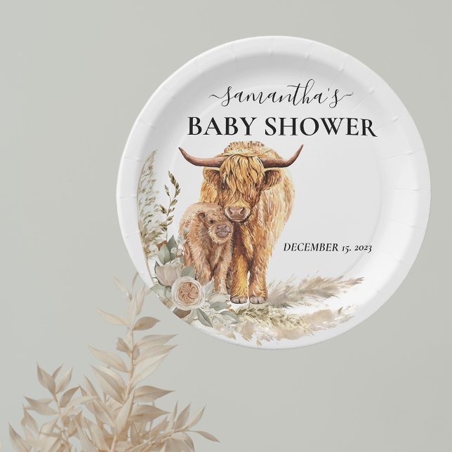Watercolor Highland Cow Calf Baby Boho Pampas  Paper Plate (Creator Uploaded)