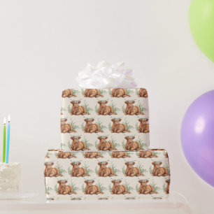 Watercolor Highland Cow Floral Crown Cottagecore Wrapping Paper