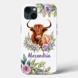 Watercolor Highland Cow Flower Personalise Name Case-Mate iPhone Case