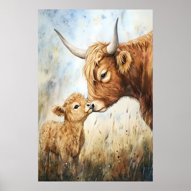 Watercolor Highland Cow Print, Nursery Animal Art Poster (Front)
