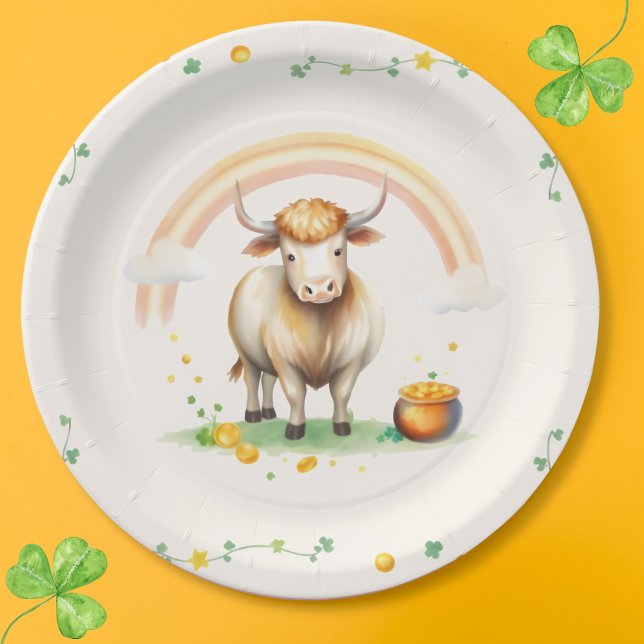 Watercolor Highland Cow Rainbow St Patricks Day Paper Plate (Watercolor Highland Cow, Rainbow and pot of gold St. Patrick's Day Theme Paper Plates)