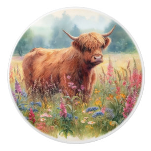Watercolor Highland Cow Wildflower Field Ceramic Knob