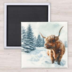 Watercolor Highland Cow Winter Scene Magnet
