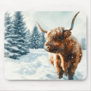 Watercolor Highland Cow Winter Scene Mouse Mat