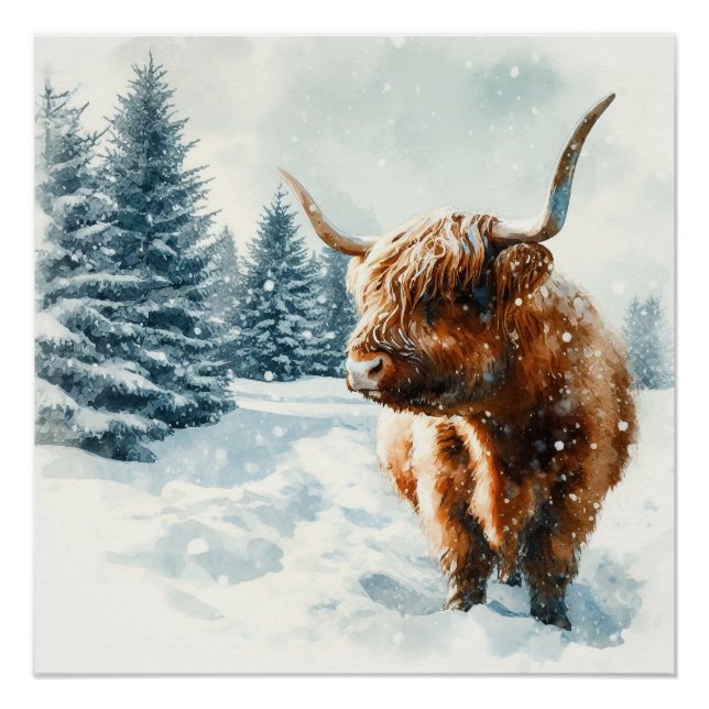 Watercolor Highland Cow Winter Scene Poster (Front)