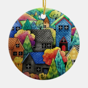 Watercolor Hillside Village With Colorful Houses Ceramic Tree Decoration