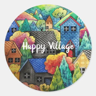 Watercolor Hillside Village With Colorful Houses Classic Round Sticker
