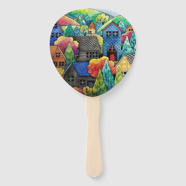 Watercolor Hillside Village With Colorful Houses Hand Fan (Front)