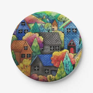 Watercolor Hillside Village With Colorful Houses Paper Plate