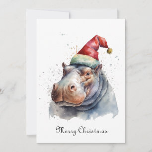 Watercolor Hippo Santa Hat Christmas Card
