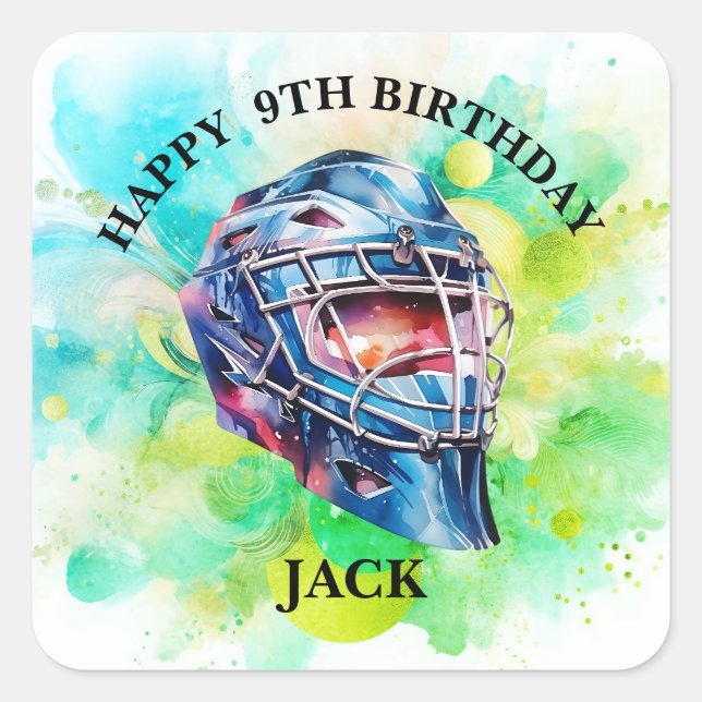 Watercolor hockey birthday party helmet template square sticker (Front)