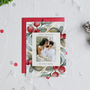 Watercolor Holiday Berries One Photo Holiday Card