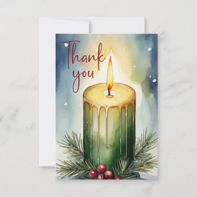 Watercolor Holiday Candle Festive Illustration  Thank You Card (Front)