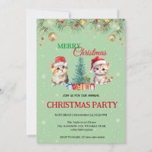 Watercolor Holiday Cat Santa Merry Christmas Party Invitation