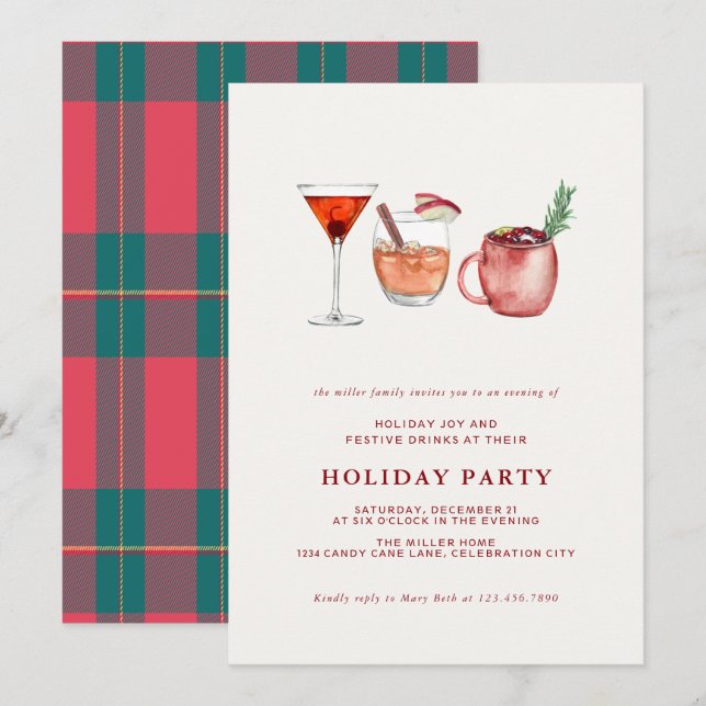 Watercolor Holiday Cocktail Christmas Party Invite (Front/Back)